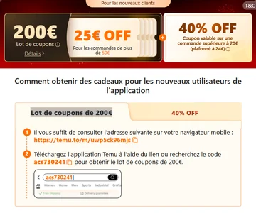 Document promotionnel français présentant le lot de coupons, la remise séparée et le code acs730241.